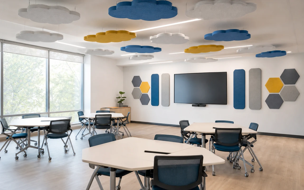 Training classroom with PET acoustic clouds and wall panels