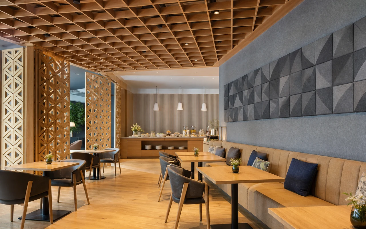 Hotel restaurant with acoustic ceiling and wall treatments