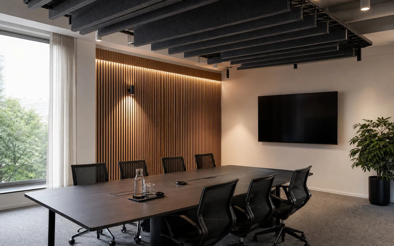 Commercial meeting room with ceiling baffles and slat acoustic wall