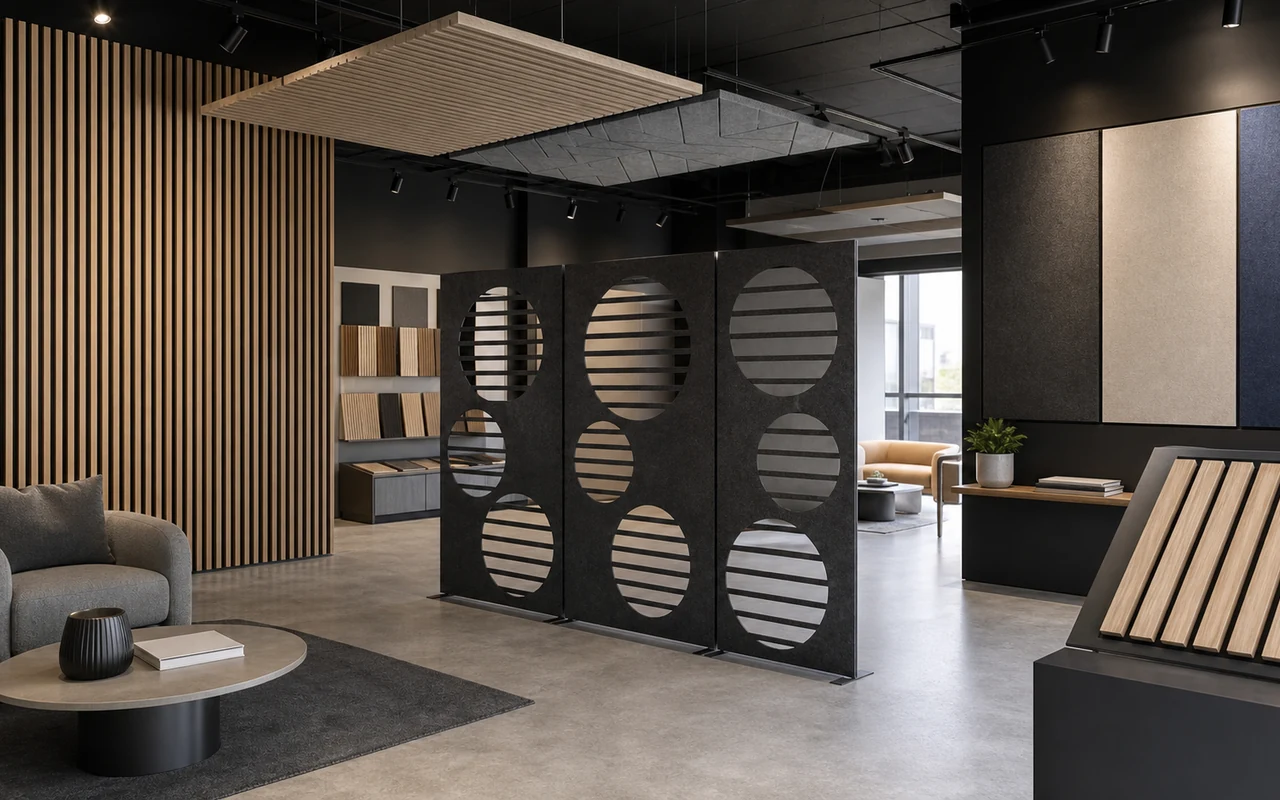 Acoustic materials showroom with slat panels and patterned screens