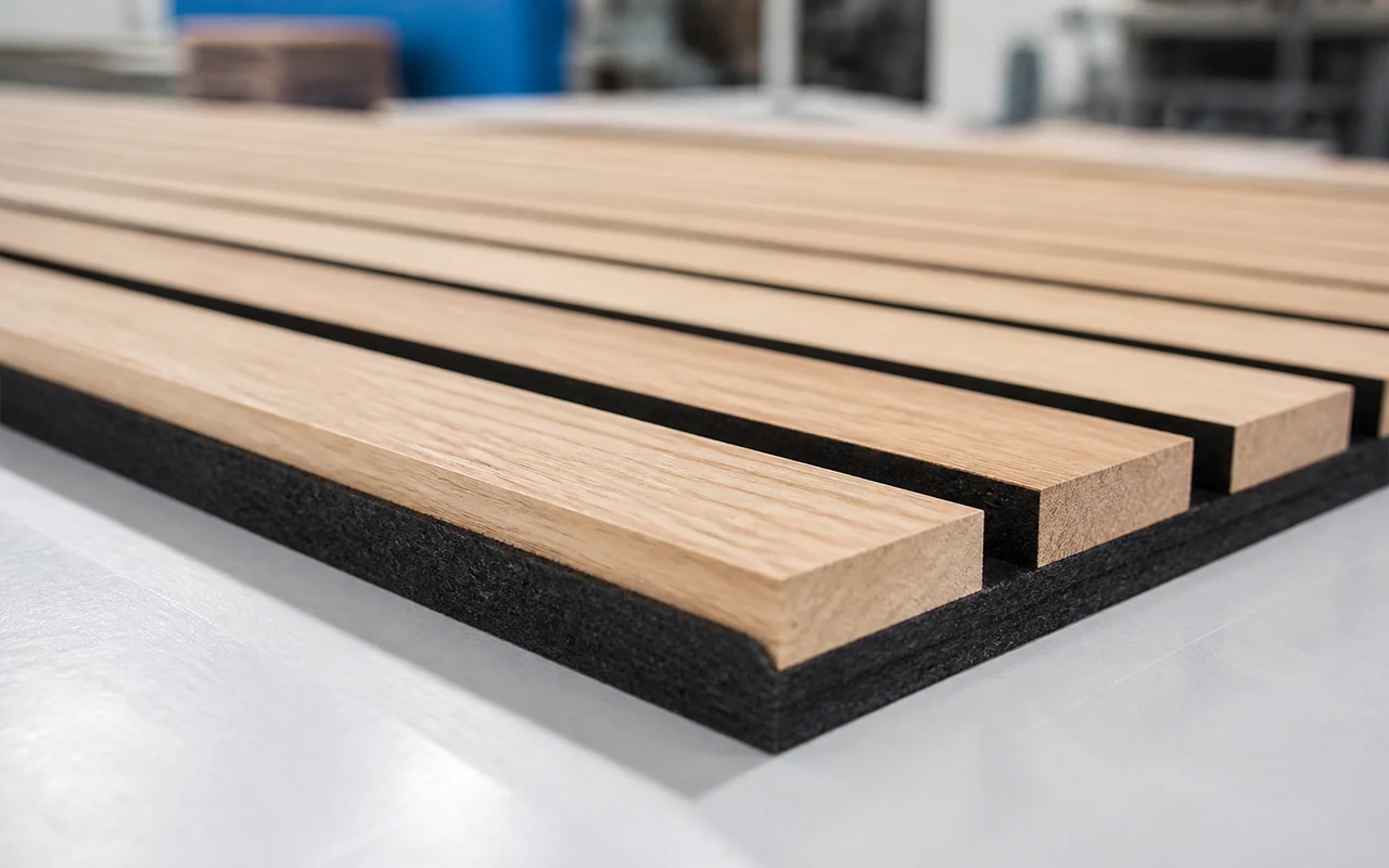 Wood veneer MDF slat acoustic panel close-up